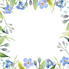 Watercolor hand drawn isolated floral frame with blue flowers on white background. Forget-me-nots and greenery. 