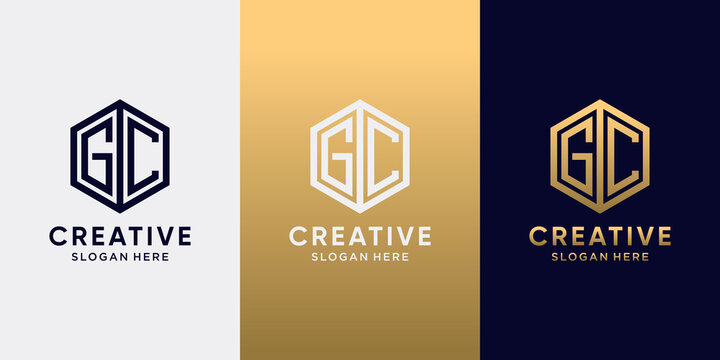 Creative monogram logo design initial letter GC with line art style and hexagon concept