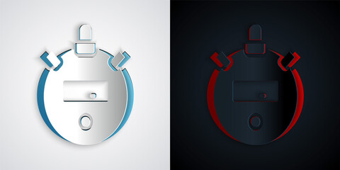 Obraz premium Paper cut Stopwatch icon isolated on grey and black background. Time timer sign. Chronometer sign. Paper art style. Vector