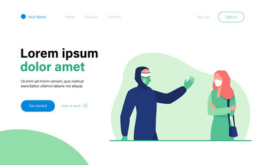 Person in protective costume waving to woman in mask. Respirator, coronavirus, protection flat vector illustration. Pandemic and prevention concept for banner, website design or landing web page