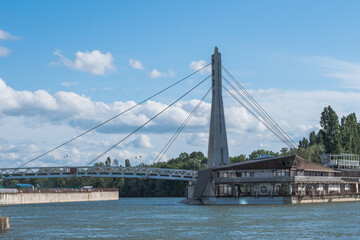 Cable-stayed bridge over the Kuban River. The Bridge of kisses is one of the symbols of the city of Krasnodar