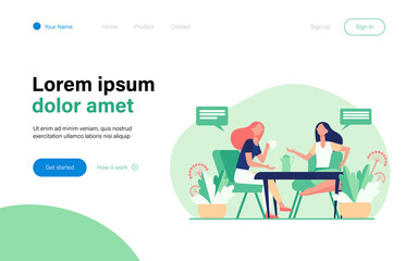 Female friends meeting over cup of coffee. Women drinking tea and chatting flat vector illustration. Communication, friendship concept for banner, website design or landing web page
