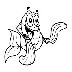 Black and white cartoon illustration of fish smiles and greeting, suitable for coloring book of kids with underwater life themes