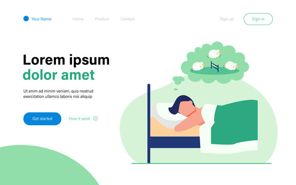 Man lying in bed and counting sheep. Relaxation, animal, night flat vector illustration. Sleeping and insomnia concept for banner, website design or landing web page