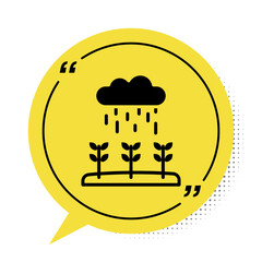 Black Plant sprouts grow in the rain icon isolated on white background. Seedling concept. Yellow speech bubble symbol. Vector