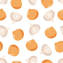 Seamless pattern with onion and garlic head, vector illustration of healthy vegetables, seasoning for dishes.