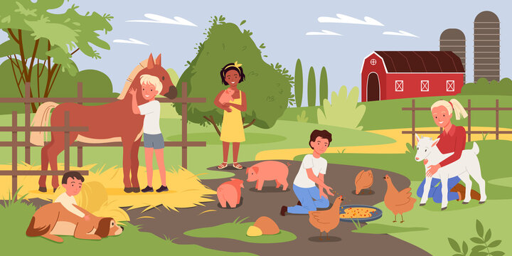 Cartoon boy girl child characters holding cute piggy, hugging dog, standing next to horse and feeding chickens with food background. Children in contact zoo, happy kids animals vector illustration