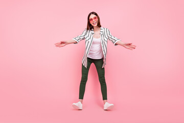 Full body photo of young girl happy positive smile open arms hug cuddle welcome isolated over pastel color background