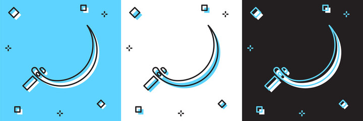 Set Sickle icon isolated on blue and white, black background. Reaping hook sign. Vector