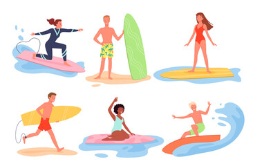 Cartoon young man woman characters in bikini surfing on surfboards, float on ocean wave, summertime cruise collection. Surfer people surf on summer sea beach