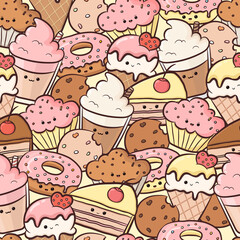 Kawaii seamless pattern with funny dessert icons. Cute foods with face. Muffin, piece of cake, donut, ice cream and cappuccino. Vector illustration.