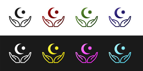 Set Star and crescent - symbol of Islam icon isolated on black and white background. Religion symbol. Vector