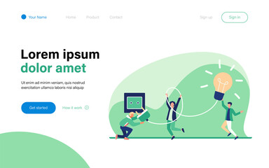 Tiny people turning on bulb into socket. Idea, lamp, electricity flat vector illustration. Brainstorming and creativity concept for banner, website design or landing web page