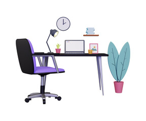 3d work desk complete with laptop, lamp and chair. 3d concept illustration