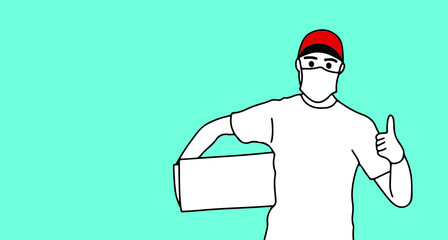 vector line minimal style. Delivery man holding cardboard boxes in medical rubber gloves and face mask. isolated on blue background Service quarantine pandemic coronavirus virus 2019-ncov concept