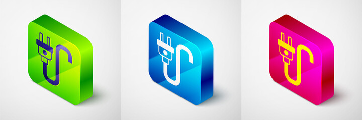 Isometric Electric plug icon isolated on grey background. Concept of connection and disconnection of the electricity. Square button. Vector