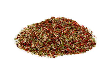 Seasoning for soup, dried vegetables slices background.
