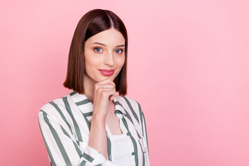 Photo of thinking brunette millennial lady hand face wear white shirt isolated on pink color background