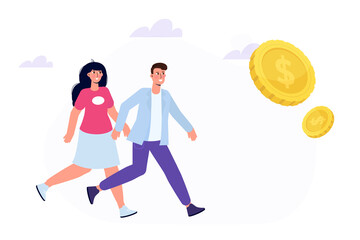  Cash race,  chasing for big money concept. Competitors striving for richness. Characters running to hit jackpot.  Vector illustration