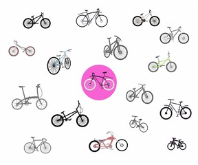 Bicycles set in vector. Material for the logo. Icons for an online store of two-wheeled vehicles. Various bike models and colors. Variety design for a healthy lifestyle.