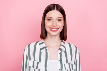 Photo of young cheerful girl happy positive toothy smile ceramic veneers clinic isolated over pink color background