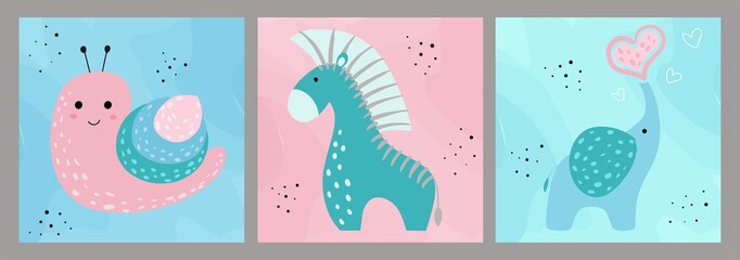 Hand drawn set of childrens creative illustrations in minimal flat style with snail, elephant and zebra. Wall art drawing with cute animals. Postcard, poster, decoration of children's room and clothes