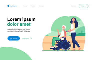 Young woman wheeling wheelchair with senior man. Volunteer helping disabled person flat vector illustration. Disability, volunteering concept for banner, website design or landing web page