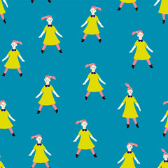 Fototapeta premium Bright colorful pattern with walking girl in hand-drawn style. Cute background for fabric or wallpaper.