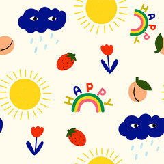 Abstract vector seamless pattern in childish hand-drawn style. Cute  print design with fruit, strawberry, rainbow, cloud, flower and quote - happy. Modern repeated background.
