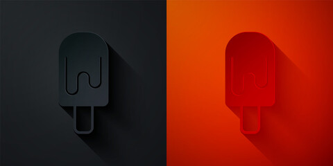 Paper cut Ice cream icon isolated on black and red background. Sweet symbol. Paper art style. Vector