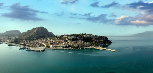 Nafplio or Nafplion city, Greece, Old town and fortress aerial drone view.