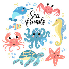 Set of cute cartoon sea animals -  octopus crab turtle narwhal seahorse and lettering. Vector graphics on a white background. For the design of posters, covers, cards, prints on packaging.