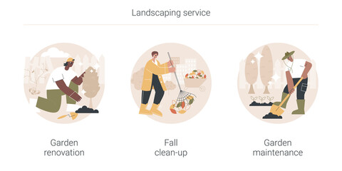 Landscaping service abstract concept vector illustration set. Garden renovation and maintenance, fall clean-up, plant seeding, flower bed, hedge trimming, mulching, leaf removal abstract metaphor.