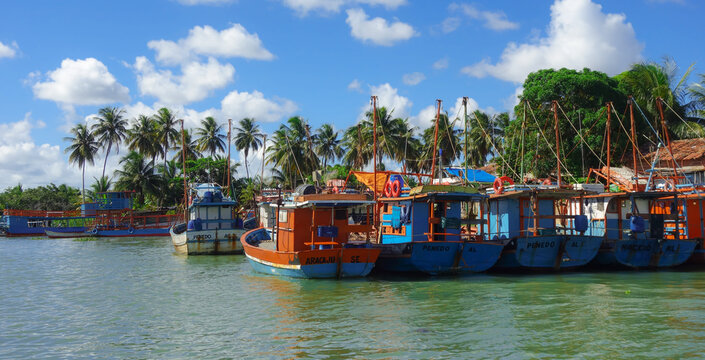 Alagoas, Brazil: colored boats parked in sequence, on the edge of San Francisco river