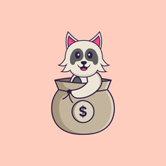 Cute dog in a money bag. Animal cartoon concept isolated. Can used for t-shirt, greeting card, invitation card or mascot. Flat Cartoon Style