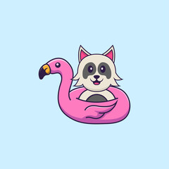 Cute dog With flamingo buoy. Animal cartoon concept isolated. Can used for t-shirt, greeting card, invitation card or mascot. Flat Cartoon Style