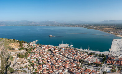 Fototapeta na wymiar Nafplio or Nafplion city, Greece, Old town and Bourtzi fortress aerial drone view.