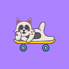 Cute dog lying on a skateboard. Animal cartoon concept isolated. Can used for t-shirt, greeting card, invitation card or mascot. Flat Cartoon Style