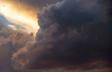 Dramatic close-up clouds after rain. Sunset sky with clouds.  Nature sky background.