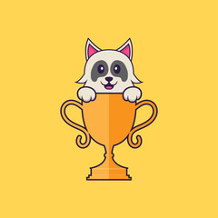 Cute dog with gold trophy. Animal cartoon concept isolated. Can used for t-shirt, greeting card, invitation card or mascot. Flat Cartoon Style