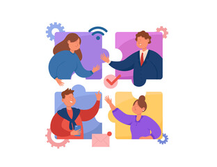 People having online video call flat vector illustration. Business team talking through windows in shape of puzzle during pandemic. Media, social connection concept