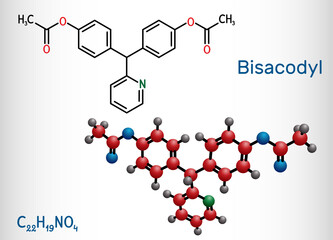 Bisacodyl, bisacodil  molecule. It is stimulant laxative drug for the treatment of constipation, neurogenic bowel dysfunction. Structural chemical formula, molecule model