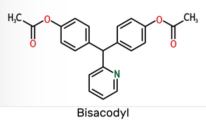 Bisacodyl, bisacodil  molecule. It is stimulant laxative drug for the treatment of constipation, neurogenic bowel dysfunction. Skeletal chemical formula