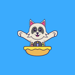 Cute dog with birthday cake. Animal cartoon concept isolated. Can used for t-shirt, greeting card, invitation card or mascot. Flat Cartoon Style