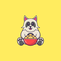 Cute dog eating ramen noodles. Animal cartoon concept isolated. Can used for t-shirt, greeting card, invitation card or mascot. Flat Cartoon Style