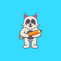 Cute dog holding a pencil. Animal cartoon concept isolated. Can used for t-shirt, greeting card, invitation card or mascot. Flat Cartoon Style