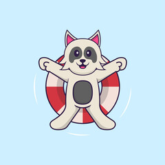 Cute dog is Swimming with a buoy. Animal cartoon concept isolated. Can used for t-shirt, greeting card, invitation card or mascot. Flat Cartoon Style