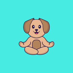 Cute dog is meditating or doing yoga. Animal cartoon concept isolated. Can used for t-shirt, greeting card, invitation card or mascot. Flat Cartoon Style
