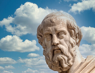 Obraz premium Plato the ancient Greek philosopher statue and blue sky with some clouds, Athens Greece