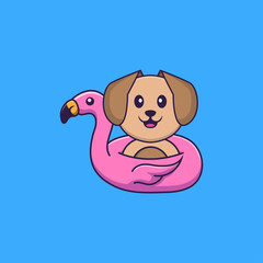 Cute dog With flamingo buoy. Animal cartoon concept isolated. Can used for t-shirt, greeting card, invitation card or mascot. Flat Cartoon Style